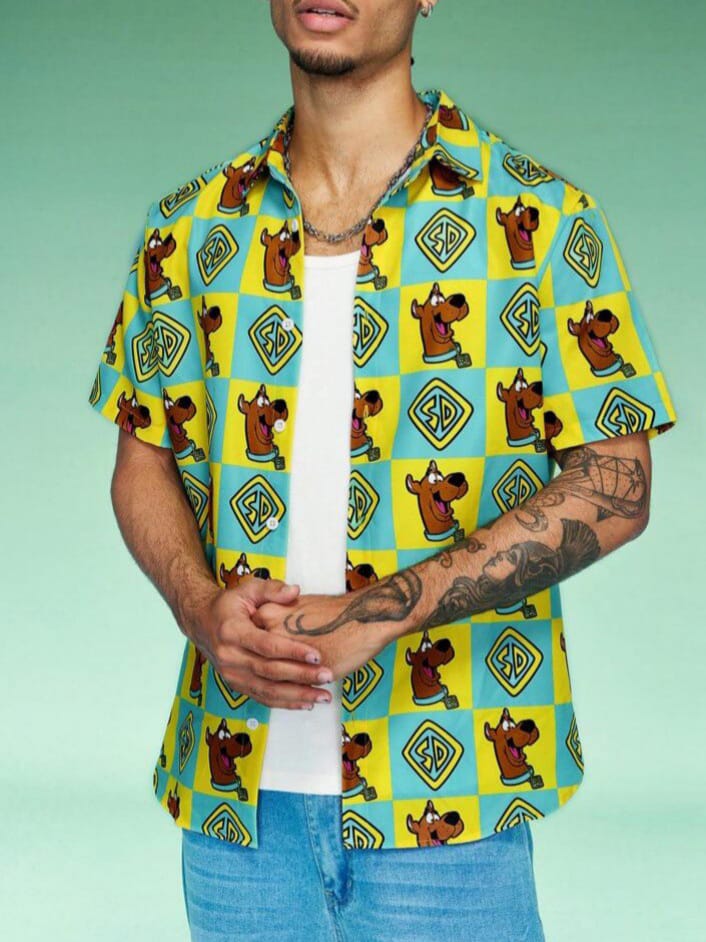 Uptown Funky  Mens Cartoon Print Casual Plaid Short Sleeve Shirts